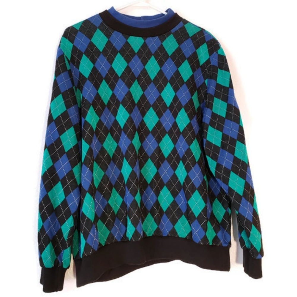 Retro 90s Blue, Green, and Black Argyle sweater